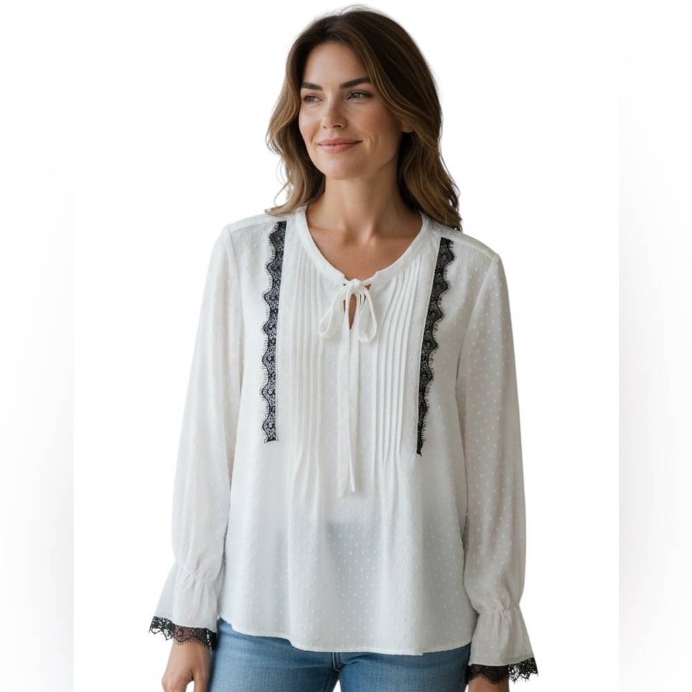DR2 White Chiffon Blouse XL Black Lace Trim Pleated Tie Neck Long Sleeve